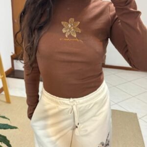 Blusa Rib Manga Longa Bordada Flor Marrom
