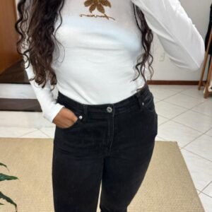 Blusa Rib Manga Longa Bordada Flor Branca